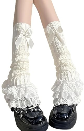 WUSJCOF Stulpen Damen Y2K Beinwärmer mit Schleife Kawaii Lolita Accessoires Gestrickt Kniehohe Beinstulpen mit Spitze für Mädchen