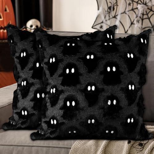 Lanpn 2 Stück Geist Kissenbezug Kissenhülle Halloween 45x45cm, Plüsch süßer Zweiäugiges Gespenst Dekorative Gespenstkissen für Halloween Bettwäsche Sofa Decorations 45 x 45 cm (Stil A, Schwarz)