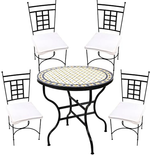 5er Gartenset Giralda Weiß Gelb Blau 80cm Athen | mediterraner Mosaiktisch mit 4 Stühlen | handgefertigtes Balkon- & Terrassenset | marokkanische Mosaikmöbel aus Schmiedeeisen