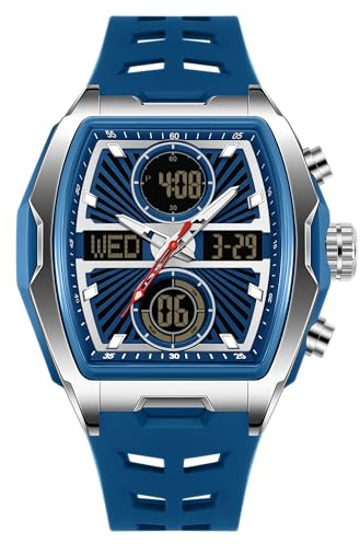 OFNS Orologio da uomo unico, rettangolare, multifunzione, quadrato, cronografo, sportivo, con display digitale analogico, doppio fuso orario, conto alla rovescia, cronometro