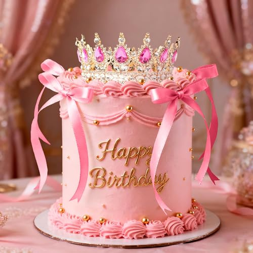 Pink Crown Cake Topper Queen Crown Tiara Cake Decorations | for Pink Bows Princess Birthday Party Decorations Queen Themed Bridal Shower Wedding Party Supplies