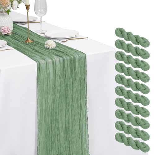 Pesonlook 10 Stück Salbeigrün Käsetuch Tischläufer 55 x 300 cm, 3 m lang | Rustikaler Gaze Stoff Tischläufer Hochzeitstuch Boho-Stil halbtransparent Tischläufer für Hochzeiten, Bankett, Party