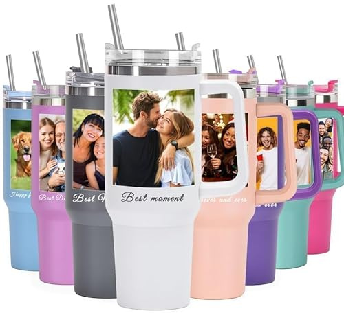Mocessory Vaso personalizado de 40 oz con asa y pajita | Taza personalizada con nombre y foto, vaso de café de viaje de acero inoxidable, regalos personalizados para mujeres