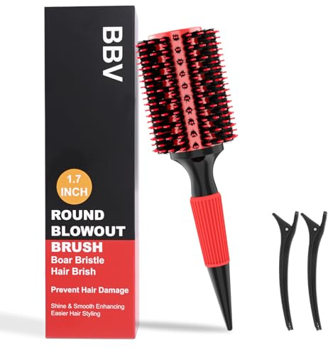 BBV Round Brush for Blow Out, Hair Brushes for Women, Boar Bristle Round Hair Brush for Curling, Styling, Volume & Shine, Red and Black (1.7 INCH)