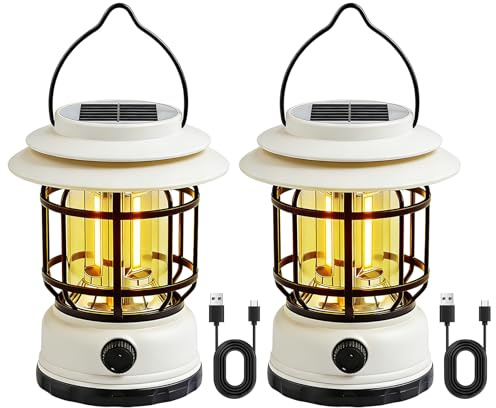 2 Stück LED Campinglampe Solar, Solar Camping Licht Dimmbar, USB Aufladbar Retro Camping Laterne, IPX4 Wasserdicht LED Campinglampe Tragbar für Angeln Notfall Zelt Outdoor Wandern (Weiß)
