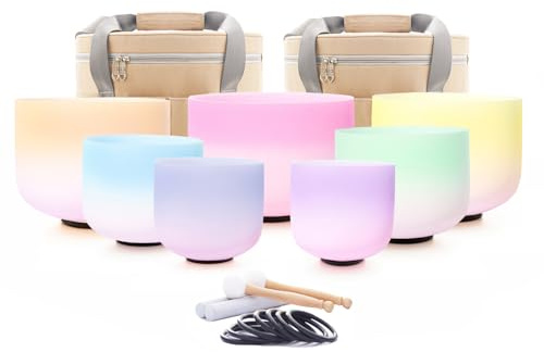 Hye-eun Juego de 7 cuencos tibetanos de cristal de gradiente arcoíris, 432 Hz, 12 pulgadas, cristal de cuarzo, con bolsa de transporte, para meditación, yoga, relajación, alivio del estrés