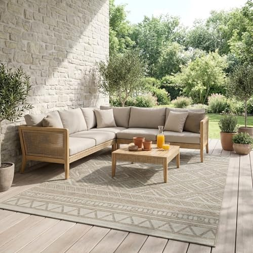 Mia´s Teppiche Denver robuster Outdoor Teppich, modern, Wetterfest & UV-beständig, für Balkon, Terrasse und Wintergarten, flach, auch für Küche oder Esszimmer, Beige, 200 x 280 cm