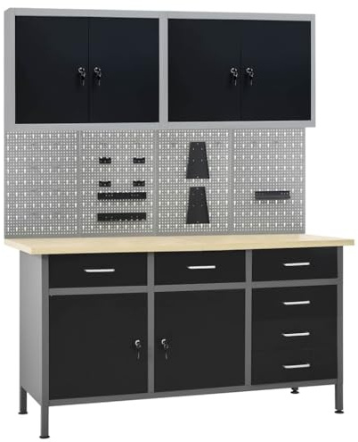 QUAHEAS Workbench with 4 Tool Walls and 2 Lockable Wall Cabinets, Steel and Wooden Top, 160 x 60 x 85 cm, 500 kg Load Capacity, Height Adjustable