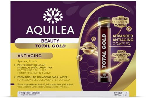 Aquilea Beauty Total Gold Antiaging | 14 ampollas | Péptidos de colágeno marino Ácido Hialurónico y Vitaminas C, E, A y Zinc | Complemento Alimenticio mujer para Piel y Antioxidantes