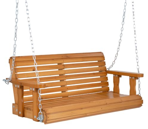 COSTWAY Banco Columpio para 2-3 Personas, Banco de Madera Colgante | con Asiento y Respaldo de Listones, Reposabrazos, Cadena Ajustable, Balancín Columpio para Jardín, Patio, Terraza