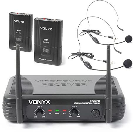 VONYX STWM712H Dual Channel VHF Wireless Microphone System with Two Headset Mics, Bodypacks & Receiver for Vocals, Presentations, DJs, Karaoke & Live PA Events