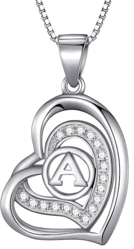 Morella collar de mujer con colgante corazón-letra A de 925 plata rodiada con piedras de circonita de color blanco 46cm