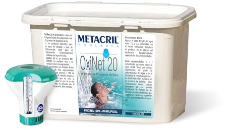 Metacril Oxi Net 20 con Dosatore Galleggiante c/Termometro, Ossigeno Attivo, in Pastiglie da 20gr, per Piscina e Idromassaggio - 1,2kg