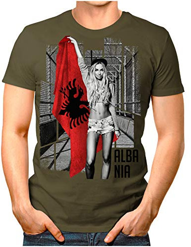 OM3® - Albania-Soccer-Girl - Herren T-Shirt Fan Support Fußball Trikot Sexy Frau Albanien Vintage Oliv XXL