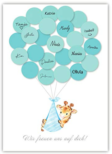 Pandawal Babyparty Deko Junge Gästebuch Alternative Baby Shower Set Giraffe (blau) Gastgeschenk Taufe Pullerparty Erinnerungsstück/Andenken beschreibbar/Fingerabdruck