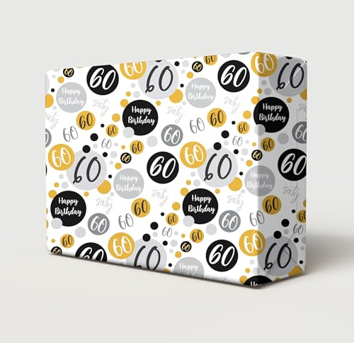 Geschenkpapier zum 60. Geburtstag, 4 Bögen + 4 Geschenkanhänger, Geschenkpapier zum 60. Geburtstag, Schwarz, Gold, Silber, Geschenkpapier für Männer und Frauen (PA)