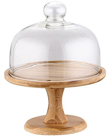 Angoily Holz Tortenständer mit Glas Deckel und Fuß, Multifunktional Kuchenteller Kuchenplatte Rund Tortenplatte (25.5x20x20cm)