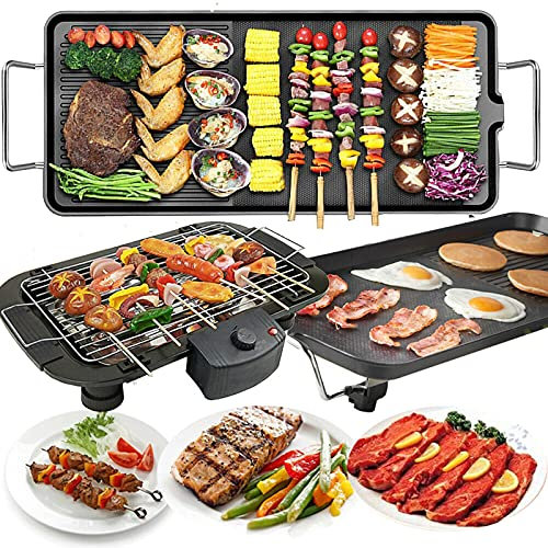 Outdoor Electric BBQ Barbecue Grill, 2 in 1 Versatile Grill Griddle Hot Plate, Indoor Electric Teppanyaki Grill, Adjustable Temperature Fast Heat Up Low-Fat Meals Easy to Clean Design(L, 48x27x8cm)