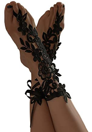 Asphire Sexy Lace Embroidery Anklet with Toe Ring 2pcs Floral Bridal Barefoot Sandals Vintage Wedding Foot Ankle Slave Bracelet Prom Festival Foot Jewelry for Women (Black)
