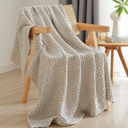 PHF 100% Cotton Waffle Weave Throw Blanket - Luxury Decorative Soft Breathable Skin-Friendly Blanket for All Season - Perfect Textured Blanket for Couch Bed Sofa 50x60-Light Khaki/Linen