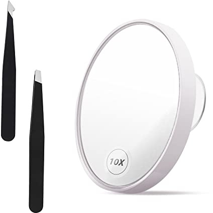 YSDYY 1 loupe détaillée x10 avec ventouses, 2 pinces à épiler, miroir rond courtoisie 13 cm, portable pour maquillage, rasage et sourcils