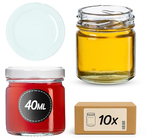 KADAX 10st Mini Gläser 40 ml mit Schraubdeckel TO43, Einmachglas, Gewürzgläser mit Deckel, Sturzglas, Probiergläser, Marmeladengläser, kleine Honiggläser (10 Stück, Weiß Deckel)