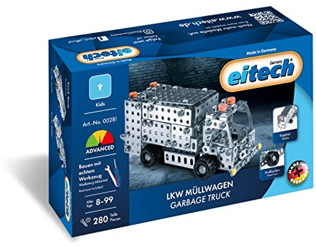 Eitech 00281 Metallbaukasten - LKW Müllwagen, 280 Bauteile, Kippbares Müllauto Modellfahrzeug, Müllfahrzeug ca. 20 cm, Konstruktionsspielzeug für Kinder ab 8 Jahren