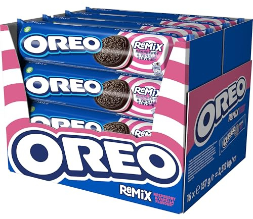 OREO Remix vainilla y frambuesa galletas rellenas, Pack de 16 x 157g | Una irresistible combinación de cacao, vainilla y frambuesa, ideal para meriendas y disfrutar entre horas