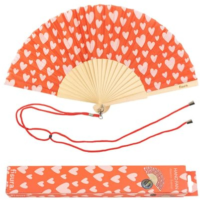 Fisura - Éventail original avec impression de cœurs. Éventail moderne et coloré en bois. Éventail rouge et rose. Dimensions : 42,5 x 23 cm. Bois et textile