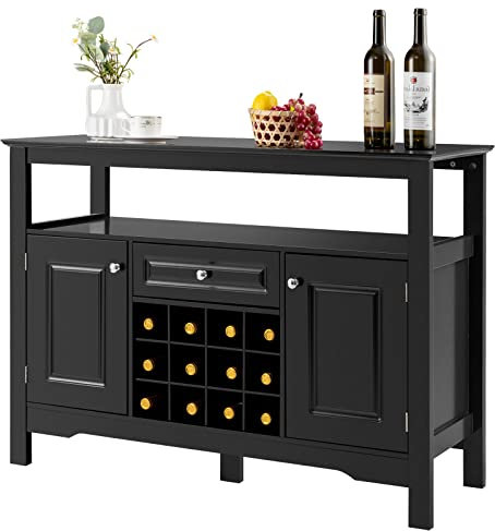 LIFEZEAL Küchenschrank mit Weinregal Schublade & Türen, Sideboard Beistellschrank Holz, Weinschrank 116x40x82cm, Buffetschrank Vitrinenschrank Kommode für Esszimmer Küche (schwarz)