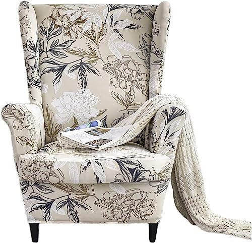 ELYSYSRL 2 Teilig Ohrensessel Überzug, Blumen Blätter Sessel-Überwürfe Ohrensessel Schonbezüge Bezug Sesselhusse Elastisch Stretch Tiger Stuhlbezug mit Armlehne Hohe Rückenlehne (Color : #39)