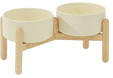 Havniva Ceramic 6.1inch Raised Dog Bowl with Stand for Small and Medium Breed Dog Dish Pet Food and Water Bowl (Double Bowl with Stand - Beige, 28oz)