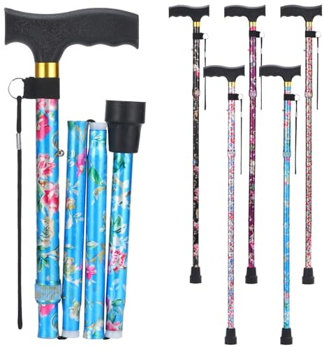 PARLORA Walking Cane for Women and Men, Collapsible, Lightweight, Sleek, Foldable Folding Cane | Walking Sticks for Seniors & Adults with Comfortable T-Handle [Blue Flower]