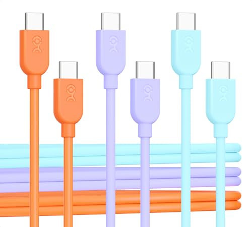 Cable Matters 3-Pack Multi-Color Flexible USB C Charging Cable with 60W Power Delivery 1.8m (USB C to USB C Cable) in Orange, Blue, and Purple, Compatible with iPhone 15, Samsung Galaxy S23