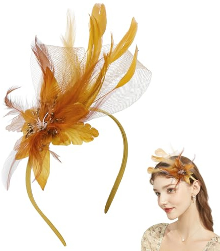 Larfraecy Prom Stirnband Retro Teeparty Fascinator Hut Hut Stirnband Faux Flowers Feather Mesh Hair Accessories Wedding Hochzeiten Partys für Mädchen und Frauen (Gold)
