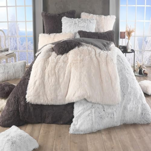 MALIKA Polar Flokati Bettwäsche 135x200 - Kuschelig Warm - Fleece Plüsch - Cashmere-Touch Flauschige Winter Bettbezu Set + 80x80 Kissenbezug, Farbe:Silber, Größe:135x200 + 80x80