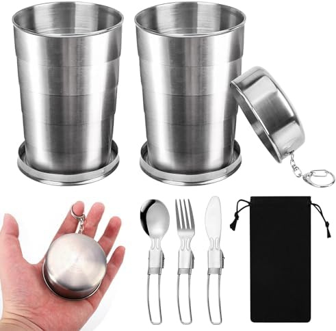 MEYAGOT 2 Pièces Tasse Pliante en Acier Inoxydable, 450 Ml Tasse Rétractable pour Camping et Randonnée