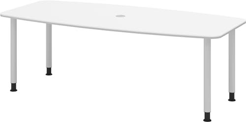 bümö Konferenztisch oval 220x103 cm großer Besprechungstisch in weiß, Besprechungstisch mit Gestell in Silber, Meetingtisch für 8 Personen, XL-Tisch für Besprechungsraum & Meeting