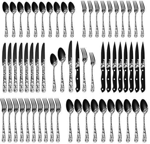 Stapava 48-Piece Black Silverware Set with Steak Knives, Stainless Steel Cutlery Flatware Set for 8, Utensil Sets Include Forks Spoons and Knives for Home Kitchen, Mirror Polished, Dishwasher Safe