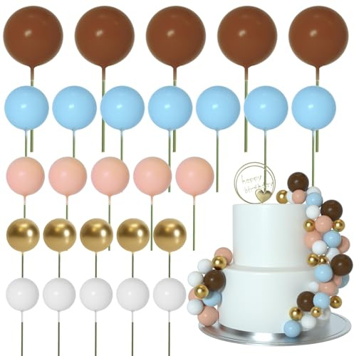 ASTARON 50 Pcs Ball Cake Topper Sticks Mini Balloons for Cake Decorating Supplies Foam Balls Cake decorations for Baby Shower Cake Birthday Cake Toppers Decorations (Light Blue, Brown)
