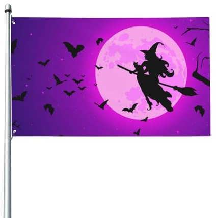 180 x 120 cm Silhouette Belle Sorcière Volant sur Balai Drapeau pour Maison Pelouse Décoration Bannières Bannières Vacances Bienvenue Drapeaux Avec 2 Œillets Métalliques Utilisation Intérieur