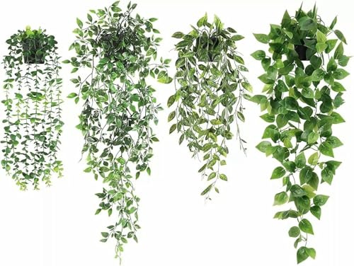Artificial Hanging Plant, Set of 4 Faux Eucalyptus Plants with Pot, Greenery Faux Fake Ivy Decor, Fake Ivy Potted Plants for Indoor Outdoor Home Wall Patio Office Table Shelf (4 PACK Hanging Plant)