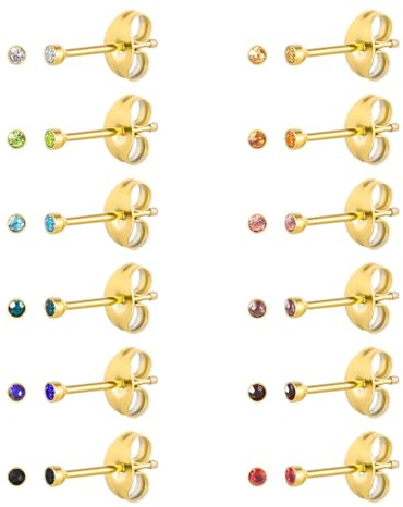 12 Paar 18 Karat Gelbgold plattiert Ohrstecker aus chirurgischem Edelstahl, CZ-Ohrstecker für Frauen, Zirkonia-Geburtsstein-Ohrstecker-Set 3mm 4mm 5mm 6mm