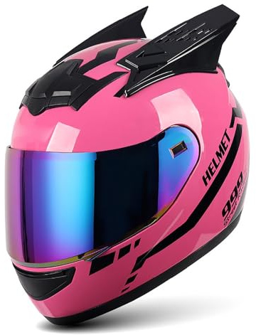 Personlig motorcykelhjälm, full hjälm med visir och snabbfrigörande hakrem, lämplig för män och kvinnor, andningsbar och lätt gaturacinghjälm med horn C, S/{50~53 cm}