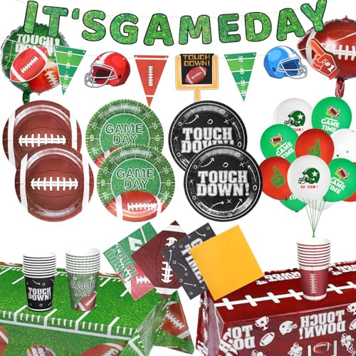 American Football Partygeschirr Set, 2026 Super Bowl Deko Partygeschirr Superbowl Party Deko American Fußball Deko Pappteller Servietten Pappbecher Tischdecke Junge Mädchen Fußball für 24 Gäste