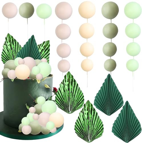 Gyufise 32Pcs Balls Cake Toppers Palm Leaves Cake Decorations Foam Balls Paper Palm Leaf Cake Insert Toppers Decorations for Birthday Wedding Baby Shower Party Decorations Green