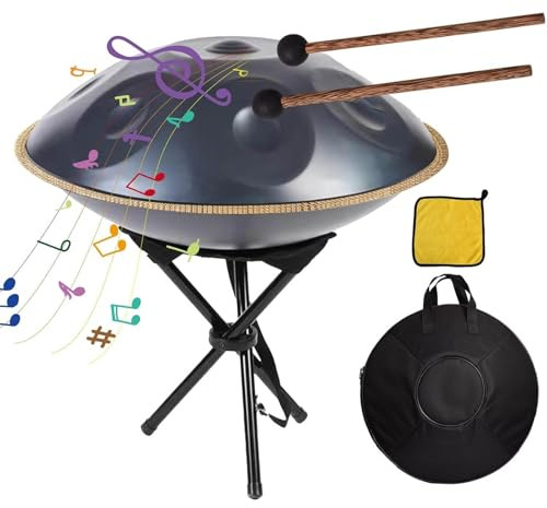 Fucxeoy Handpan-Trommel, 22 Zoll D-Moll-Handpan-Stahltrommel, 10-Töne-Percussion-Musikinstrumente, Harmonische Resonanz Natürlicher Klänge, Für Musikalische Geistesheilung, Yoga-Meditation (440 Hz)