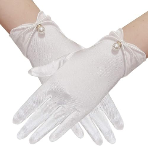 BrightGlow Damen Kurze Handschuhe Elegante Satinhandschuhe Brauthandschuhe Opera Handschuhe 1920s Handschuhe Abendhandschuhe Party-Handschuhe für Opera Fest Party Hochzeit Braut Beige Einheitsgröße