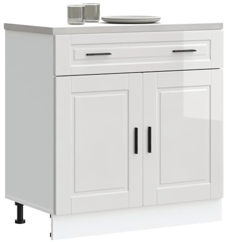 WIFESE Schubladenschrank mit Tür Geräumiger Küchenschrank mit Viel Stauraum Küchenmöbel Aufbewahrungsschrank Hochglanz-Weiß 80x46x81,5 cm Holzwerkstoff