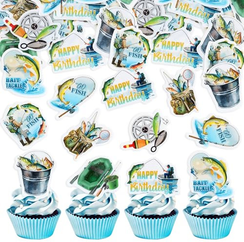 Ercadio 40 Edible Fishing Cupcake Toppers Picks Fishing Birthday Party Cake Decorations for Kids Boys Gone Fish Cake Drink Toppers Baby Shower Party Summer Outdoor Fishing Party Cake Decor